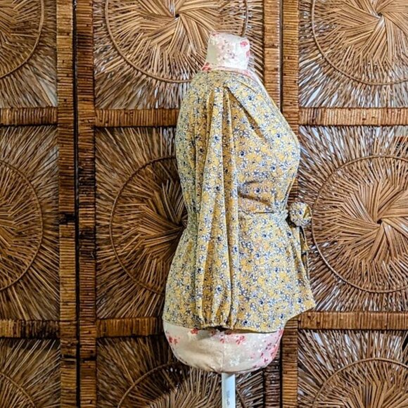 Max Studio Floral Yellow Tie Blouse Size XL EUC - Picture 3 of 7